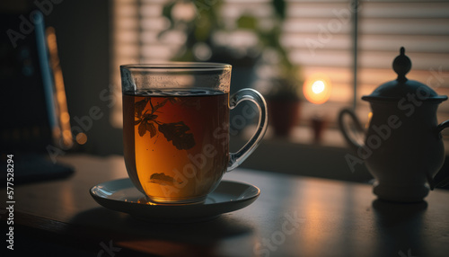 glas cup of tea on a wooden table Generative AI, Generativ, KI