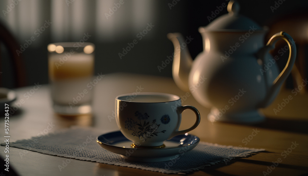 cup of tea coffee on a table in the evening Generative AI, Generativ, KI cup of tea coffee on a table in the evening Generative AI, Generativ, KI