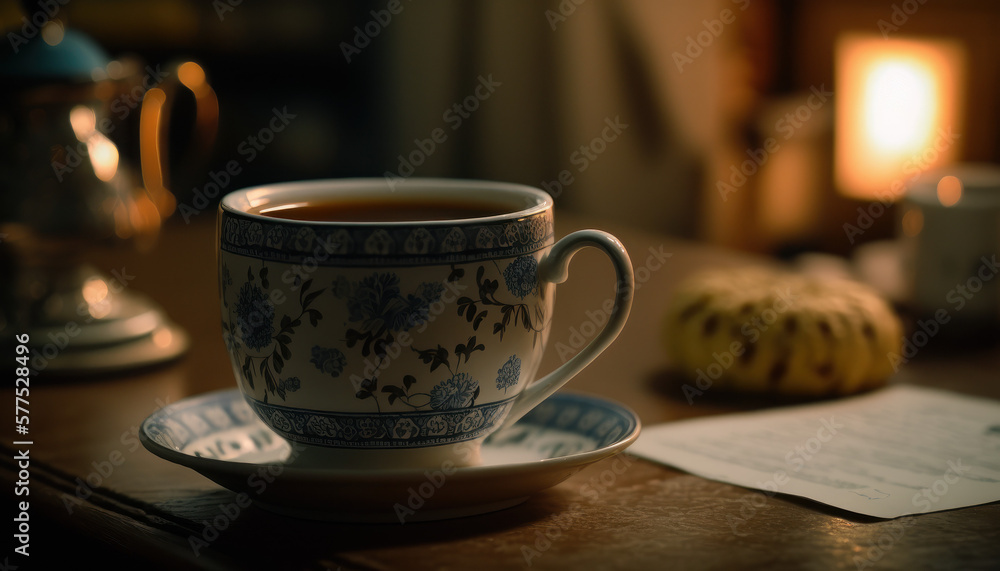 cup of tea coffee on a table in the evening Generative AI, Generativ, KI cup of tea coffee on a table in the evening Generative AI, Generativ, KI