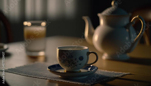 cup of tea coffee on a table in the evening Generative AI, Generativ, KI