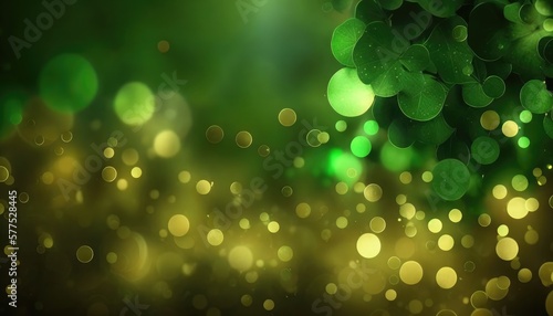 creative Abstract festive background with shining clover shamrocks gold and green colors with lights. St. Patrick's Day backdrop