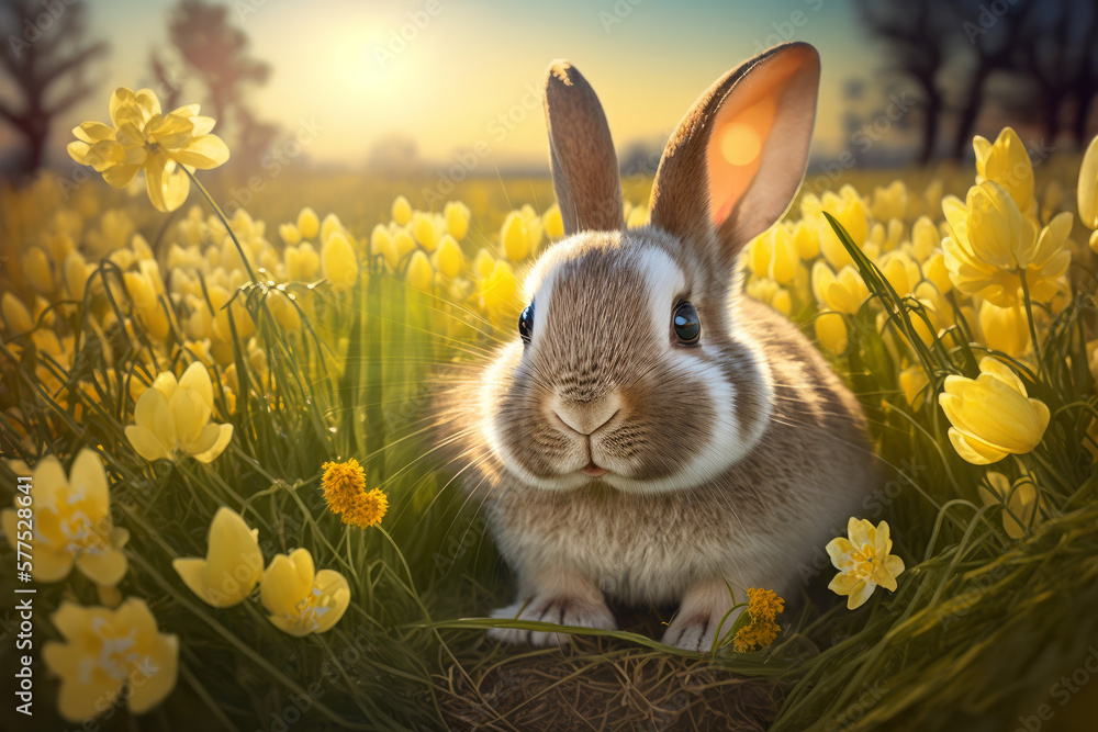 Fototapeta premium Cute rabbit sitting between flowers in beautiful rich spring meadow, easter bunny, generative AI