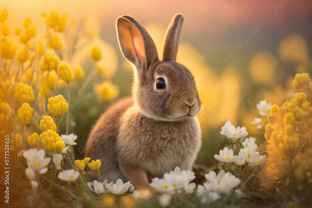 Cute rabbit sitting between flowers in beautiful rich spring meadow, easter bunny, generative AI