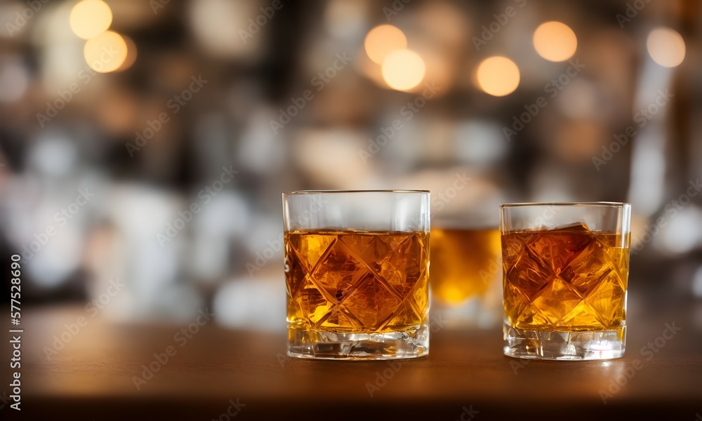 Bottle and glass of whiskey with ice on a wooden background. Glass of Scotch whiskey and ice sits on top of a rustic whiskey barrel. Whiskey with ice. Generative AI Bottle and glass of whiskey with ice on a wooden background. Glass of Scotch whiskey and ice sits on top of a rustic whiskey barrel. Whiskey with ice. Generative AI