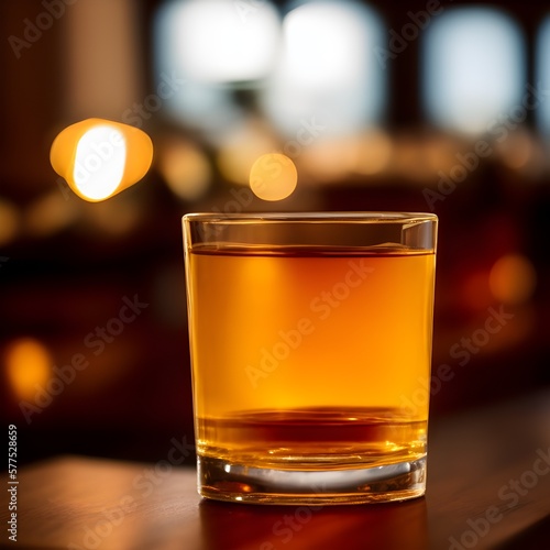 Bottle and glass of whiskey with ice on a wooden background. Glass of Scotch whiskey and ice sits on top of a rustic whiskey barrel. Whiskey with ice. Generative AI
