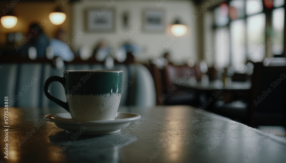 Fototapeta premium cup of tea coffee at a cafe/ restaurant Generative AI, Generativ, KI