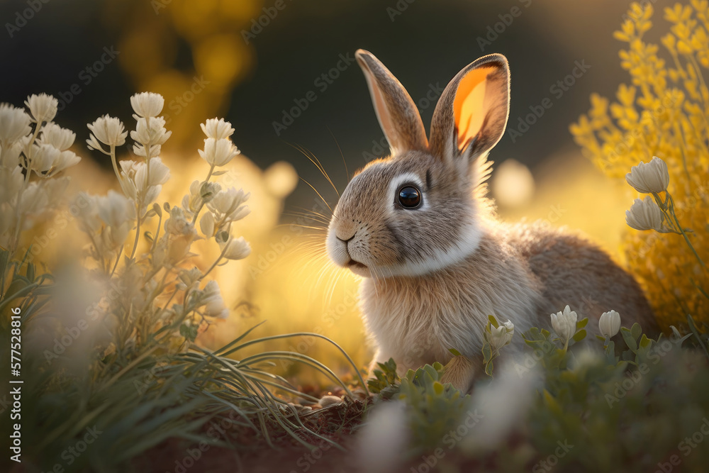 Fototapeta premium Cute rabbit sitting between flowers in beautiful rich spring meadow, easter bunny, generative AI
