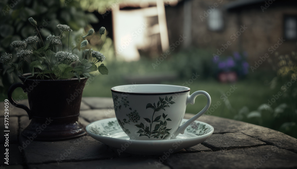 cup of tea coffee outside in the garden, nature, summer Generative AI, Generativ, KI cup of tea coffee outside in the garden, nature, summer Generative AI, Generativ, KI