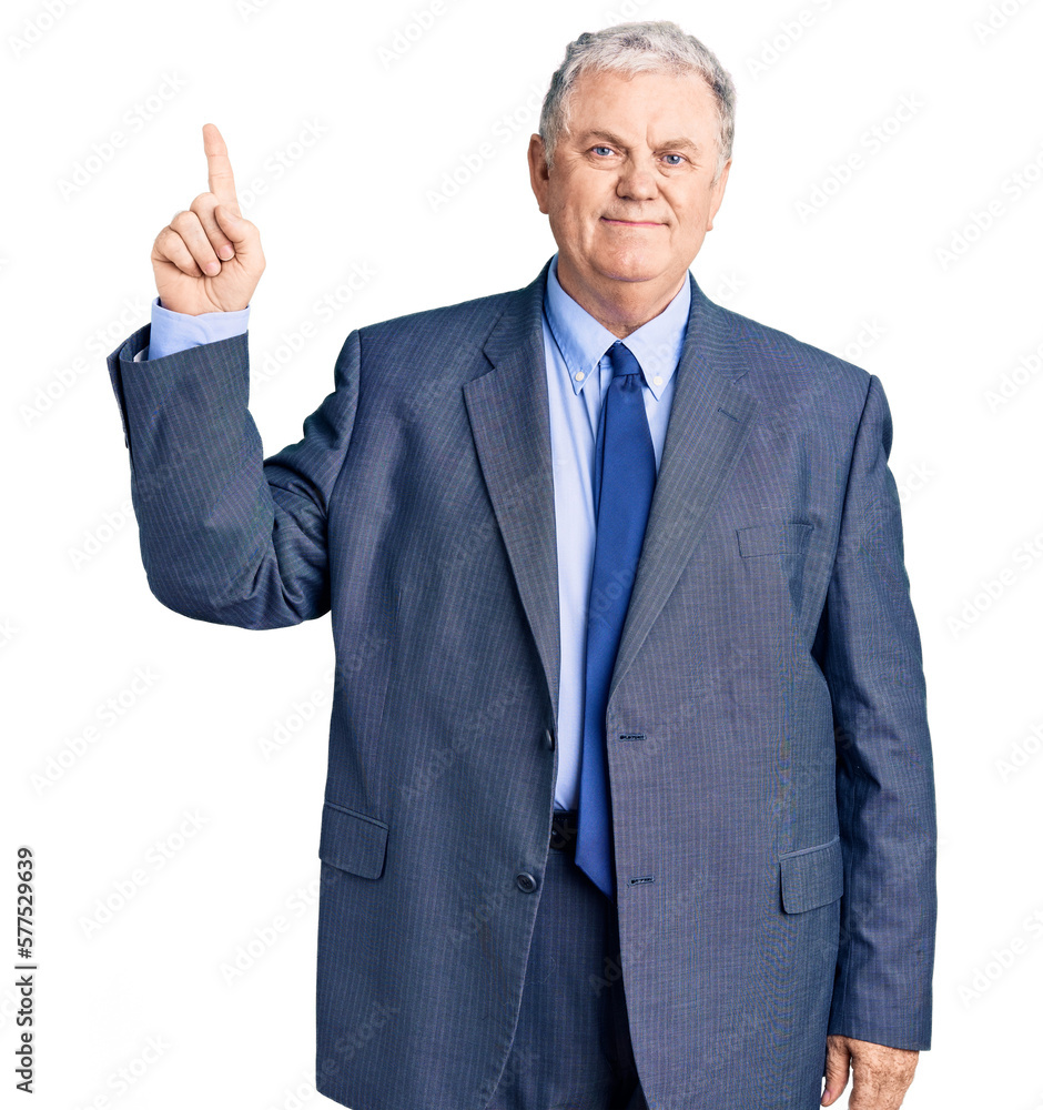 Senior grey-haired man wearing business jacket pointing finger up with successful idea. exited and happy. number one. Senior grey-haired man wearing business jacket pointing finger up with successful idea. exited and happy. number one.