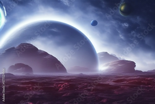 Broad view of an alien planet's surface, created with Generative AI technology