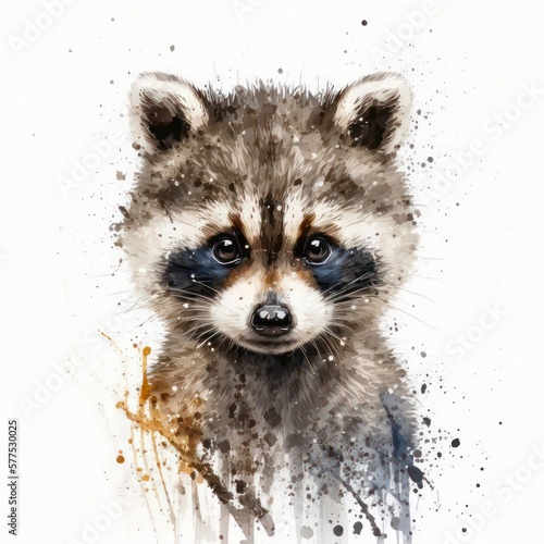 Cute raccoon on white background, watercolor painting. Generative AI art.