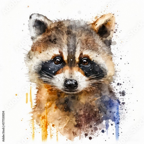 Cute raccoon on white background, watercolor painting. Generative AI art. photo