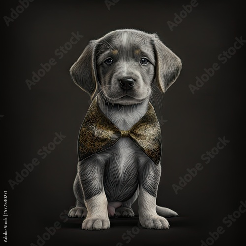  full portrait image of puppy in a suit modern oriental gray and gold, generative ai