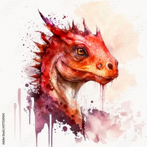 Watercolor illustration of a red dragon on white background. Red dinosaur, pretty creature. Generative AI art.