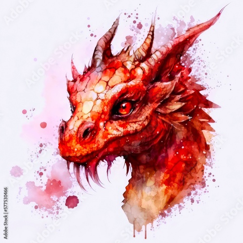 Watercolor illustration of a red dragon on white background. Red dinosaur, pretty creature. Generative AI art. photo