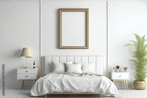 Empty picture frame on white wall in modern bedroom. Mock up interior in contemporary style. Free, copy space for your picture, poster. Bed, armchair, console, lamp. Generative AI