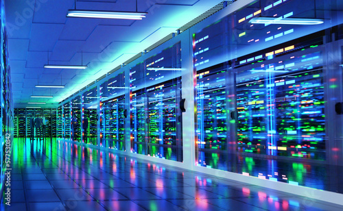 Wide panorama of Big Modern server room  data centre or mining farm interior with beautiful neon lights reflections and two businessman controlling the process.  3D