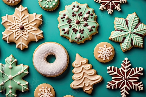  Christmas Snowflake Cookies on a Aqua, background, illustration, generative ai