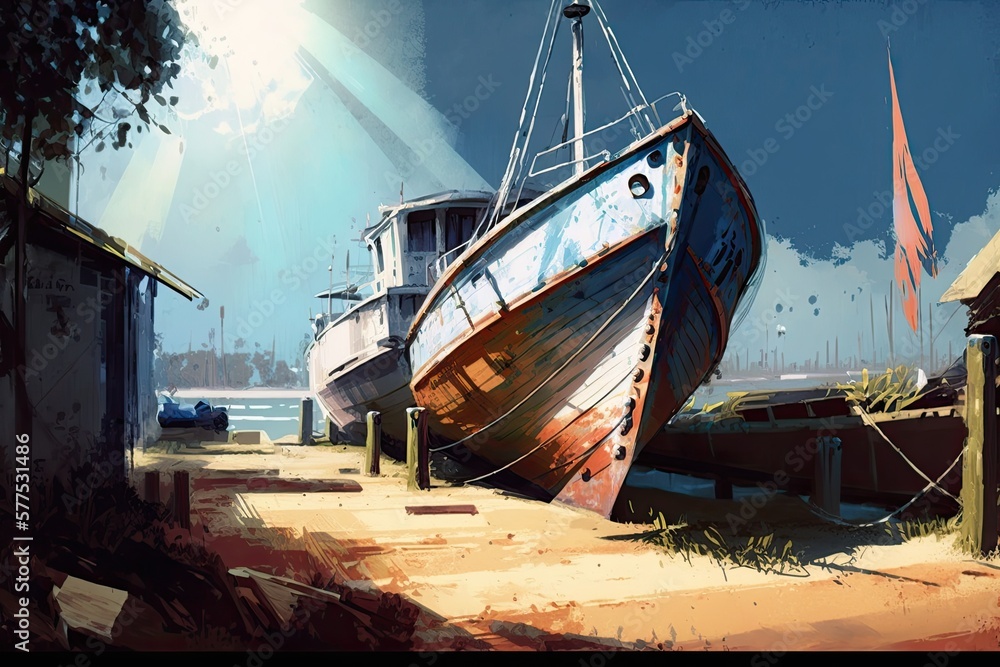 painting of boat at the dock for repairs at seaside, background, illustration, generative ai