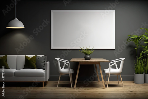 Front view on dark studio interior with empty white poster, sofa, dining table, grey wall, oak wooden hardwood floor. Concept of minimalist design. Mock up. Generative AI