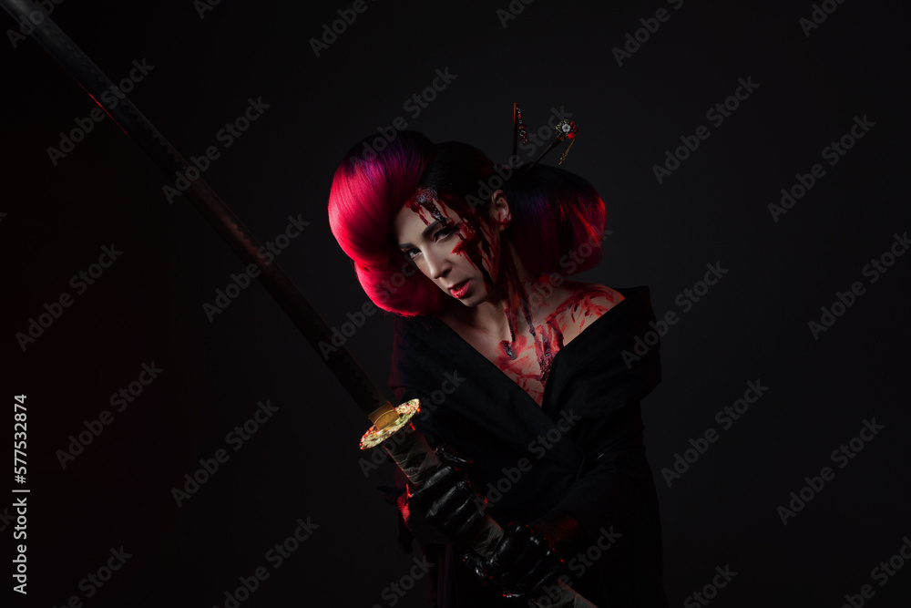 fighting geisha in a black kimono with a katana. young multiethnic woman in a bright Asian costume. voluminous hairstyle with scarlet hair and decorative hairpins