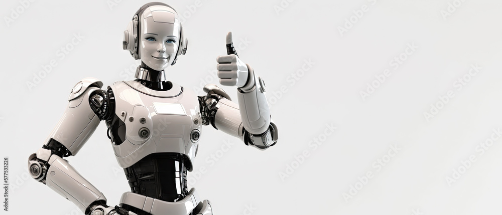 Poster with a robot woman giving thumbs up with copy space - Generative AI Poster with a robot woman giving thumbs up with copy space - Generative AI