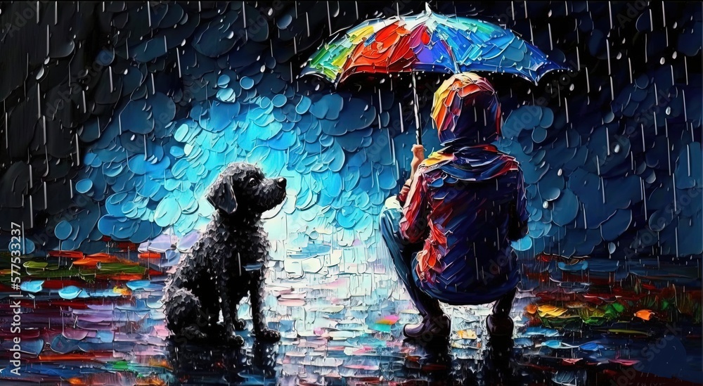 paint like illustration of a young boy with puppy dog in rainy day ...