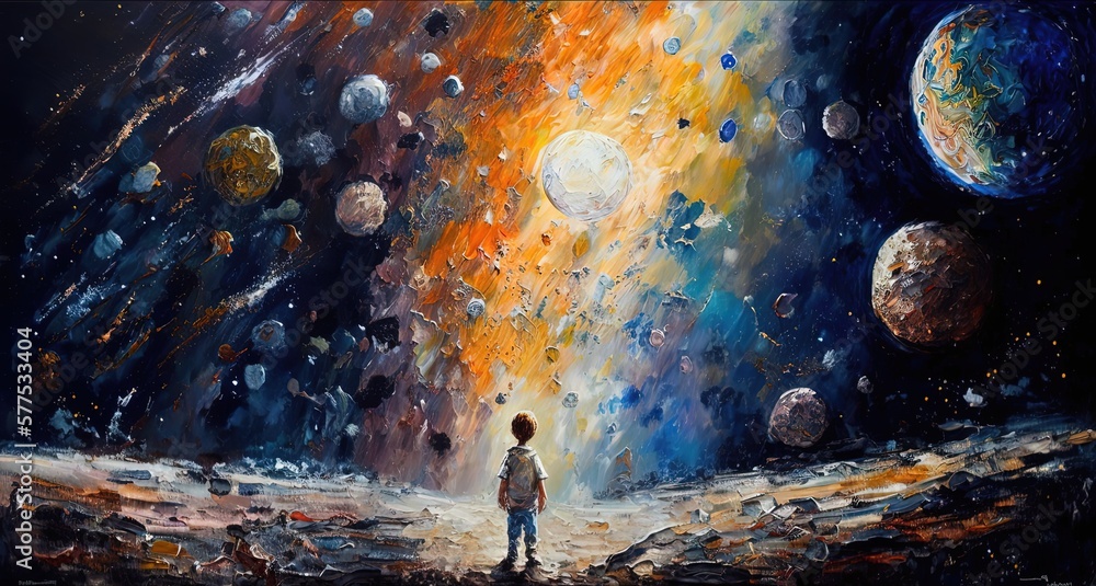 paint like illustration of a kid under universe starry sky, Generative Ai