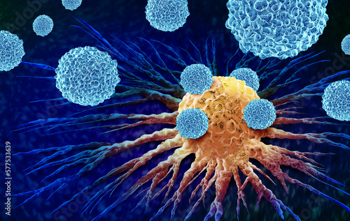 leukocytes attacking a Cancer Cell as oncology or Malignant Cancerous Growth and Metastasis anatomy concept as white blood cells inside the human body  photo