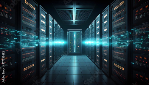 Working data center with row of rack servers witk blue lights, illustration ai generative photo