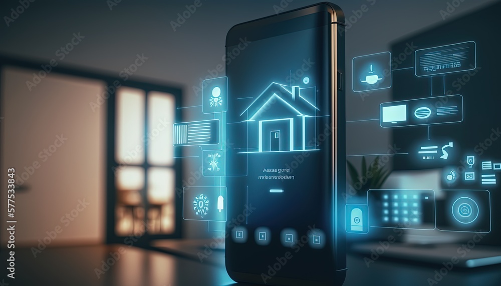 Smart house concept, smart home user interface connect via smartphone app, Generative Ai