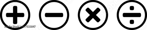 Mathematical Calculator Sign Icon Set including Plus Minus Divide Multiply Symbols. Vector Image.