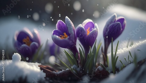 Purple Crocus Break Out From Under the Snow in Spring, Concept of Nature's Awakening, Generative AI