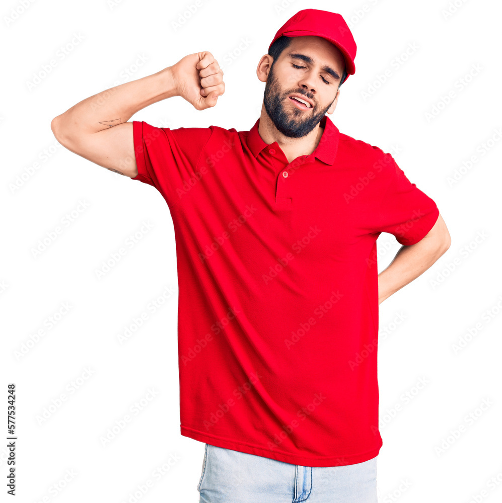 Young handsome man with beard wearing delivery uniform stretching back, tired and relaxed, sleepy and yawning for early morning Young handsome man with beard wearing delivery uniform stretching back, tired and relaxed, sleepy and yawning for early morning