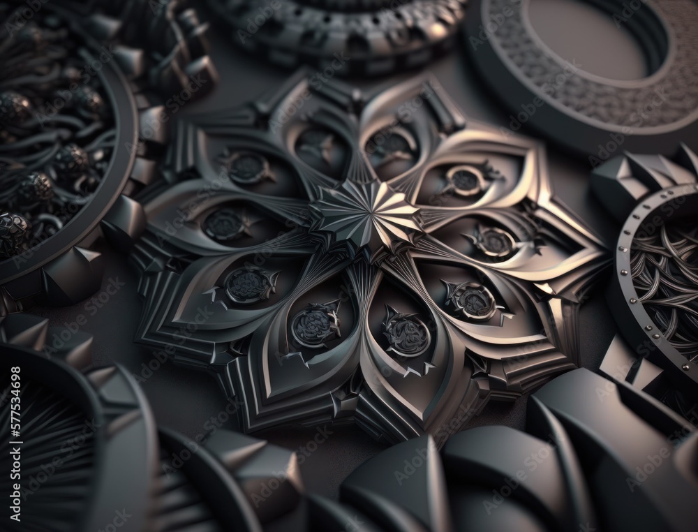 Abstract black geometric background Various shapes Flat lay created with Generative AI technology Abstract black geometric background Various shapes Flat lay created with Generative AI technology