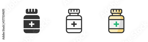 Pill bottle icon on light background. Antibiotic, painkiller symbol. Aspirin, medicine, first aid, illnes. Outline, flat and colored style. Flat design. Vector illustration.