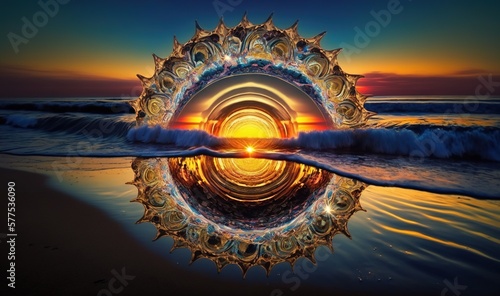  a picture of a circular object in the water at sunset.  generative ai