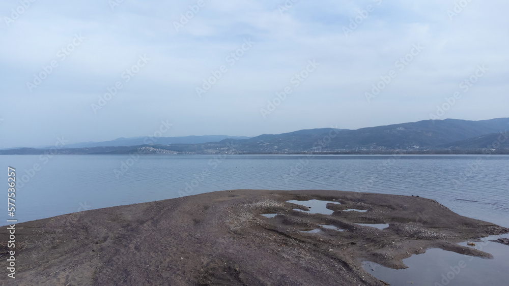 Lake Sapanca in Sakarya Turkey. Lake water level decreased due to drought. Aerial view of lake. Drone view Selective focus included. Noise and grain included.