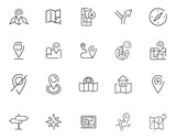 Location icon set. Containing map, map pin, gps, destination, directions, distance, place, navigation and address icons. Solid icons vector collection. Lines with editable stroke