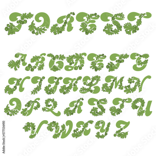 Eco decorative font from nature elements. Plant alphabet. Unusual letters from A to Z from the leaves and acorns of the common oak.