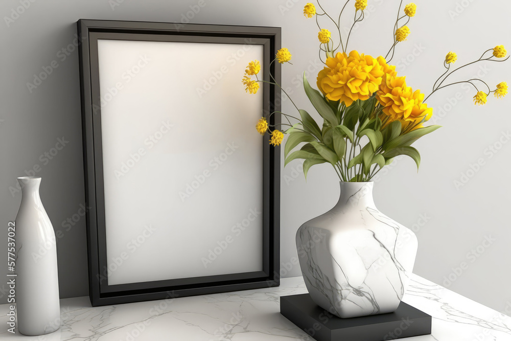 Portrait black frame mockup on wood furniture with white calacatta quartz marble top. Modern glass vase with yellow flowers. White wall background. Illustration. Generative AI Portrait black frame mockup on wood furniture with white calacatta quartz marble top. Modern glass vase with yellow flowers. White wall background. Illustration. Generative AI
