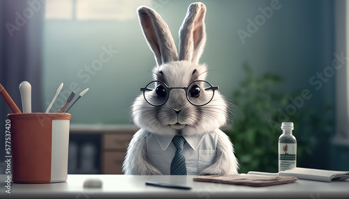 Ein weißer Hase als Doktor mit Arztkittel, Krawatte und Brille am Schreibtisch sitzend.  photo