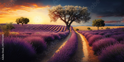 Purple lavender field in Provence at sunset. Lavender. generative ai. Stunning summer landscape in Provence, France with blooming violet fields © Aquir