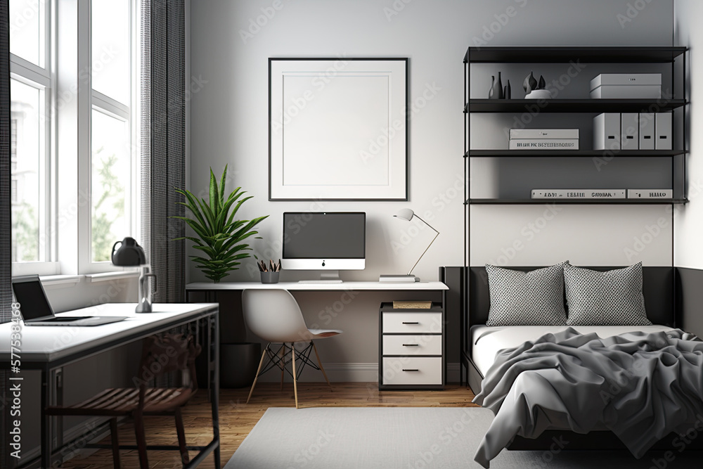 Corner of a bedroom with a home office, a double bed , a table with a drawer beside it, a large rectangular poster is hanging on a gray wall and a tall bookcase. . Mock up. Generative AI