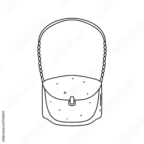 Woman bag hand in hand drawn doodle style. Female stylish purse vector fashion illustration black on white background.