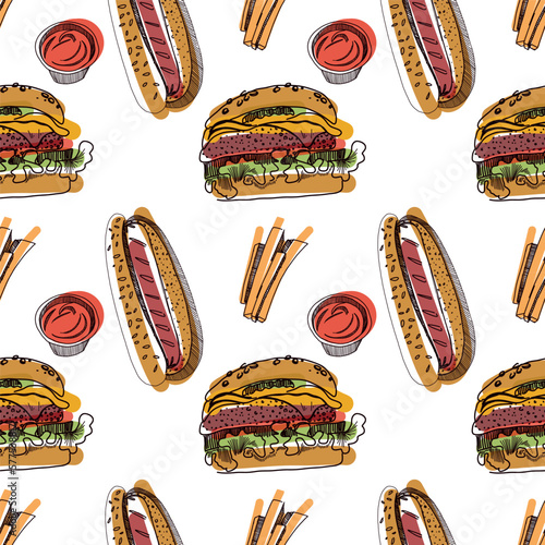Seamless vector pattern. Street food, fast food: meat burgers, french fries, drinks drawn with pencil on a white background. Suitable for printing on fabric, paper, scrapbooking.