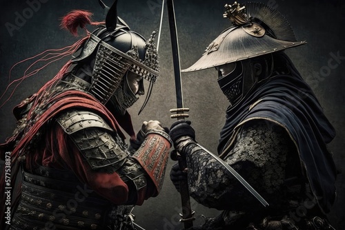 Duel of two shoguns on a gray background. Swordsmen, middle ages, fantasy, full set of samurai armor, high resolution, illustrations, art. AI