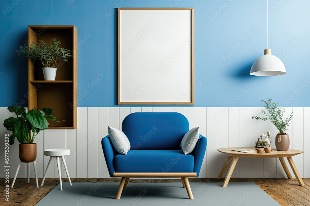 Blank interior poster mock up with wooden frame in blue interior of living room with wooden couch, coffee table with vase and books, arnchair. illustration. Generative AI Blank interior poster mock up with wooden frame in blue interior of living room with wooden couch, coffee table with vase and books, arnchair. illustration. Generative AI