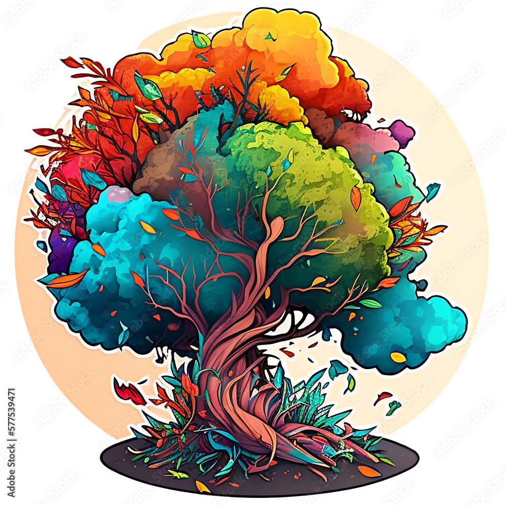Sticker of a colorful tree, autum season in color leaves. Generative AI