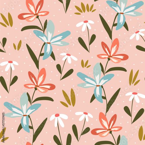 Cute seamless vector pattern illustration with hand drawn pastel flowers on pink background